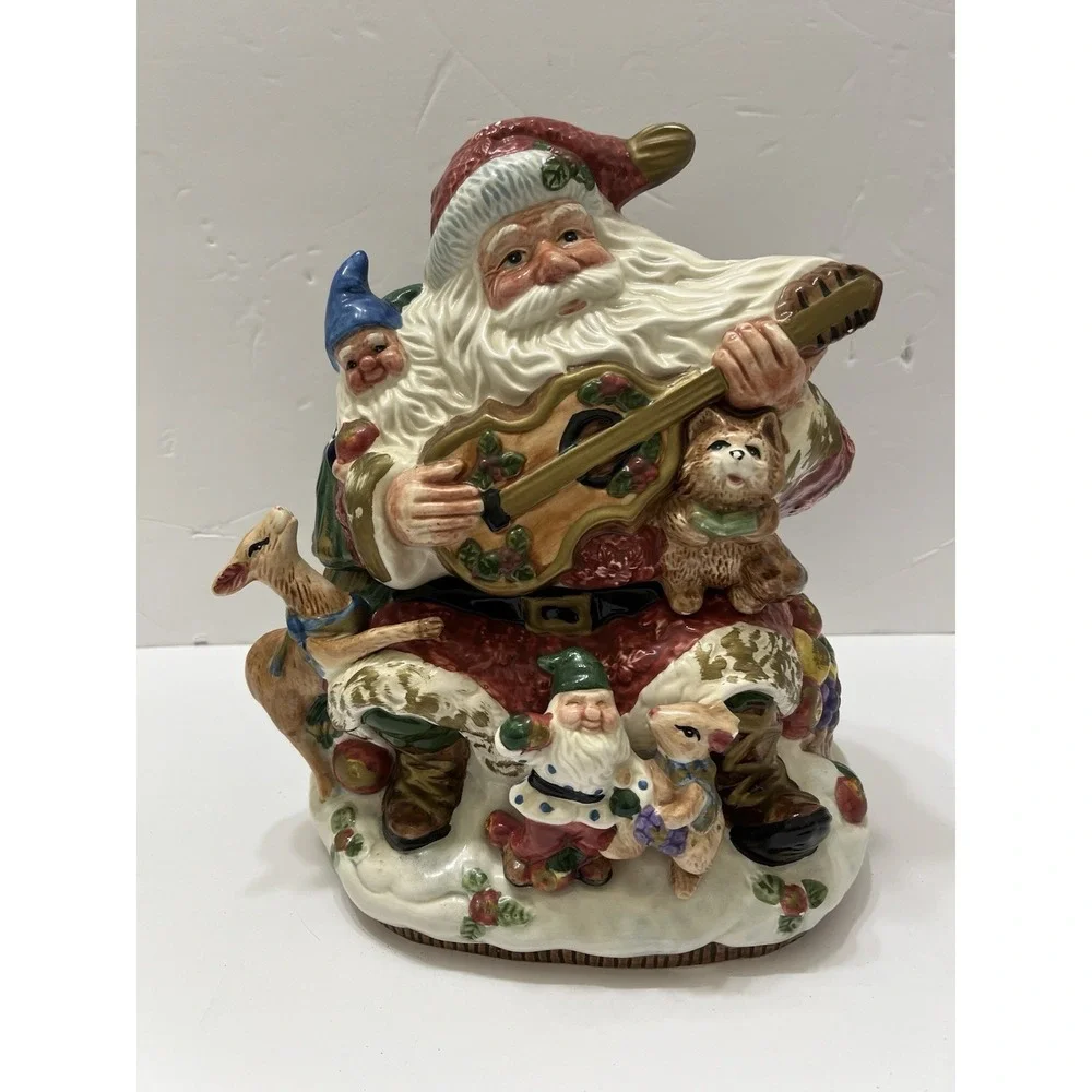 Vtg Fitz & Floyd Omnibus Forest Santa Guitar Cookie Jar Christmas Canister 1996